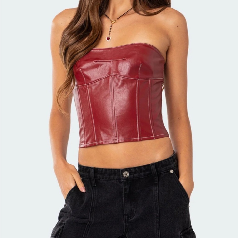 Edikted moss faux leather lace up corset red